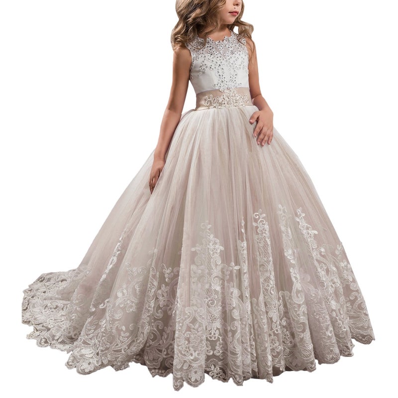 WDE Princess Champagne Long Girls Pageant Dresses Kids Prom Puffy, Champagne, Size 6 - Image 1